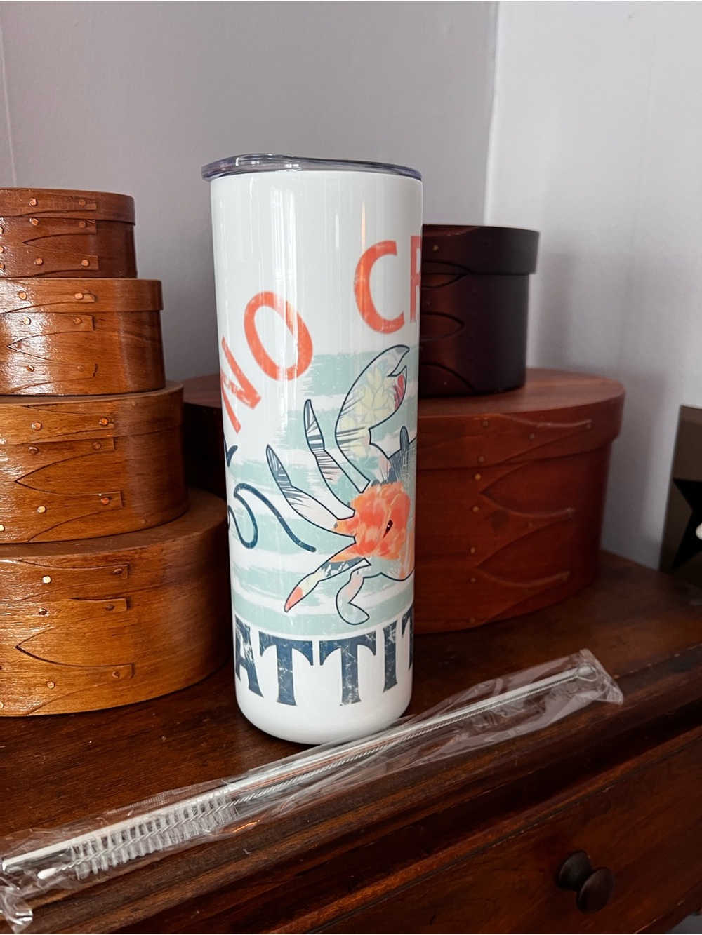 White Insulated Travel Tumbler with Coral Floral Crab Design No Crabby Attitudes